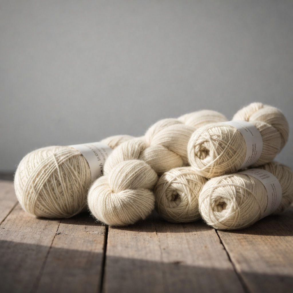 Natural wool yarn skeins in various textures